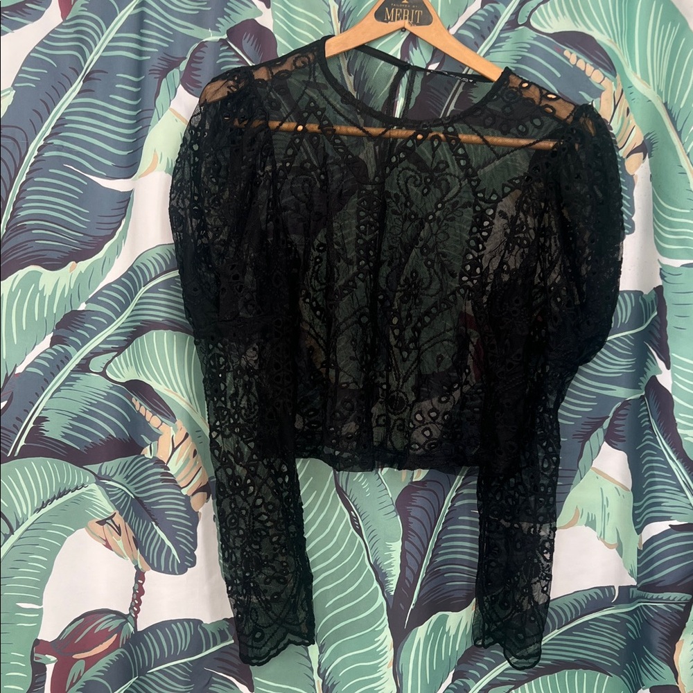 Zara Black Sheer Embroidered Long Sleeve Blouse